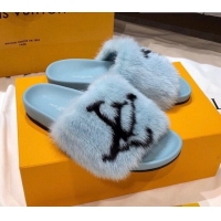 Unique Grade Louis Vuitton LV Mink Fur Flat Slide Sandals 092558 Blue