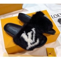 Best Price Louis Vuitton LV Mink Fur Flat Slide Sandals 092559 Black