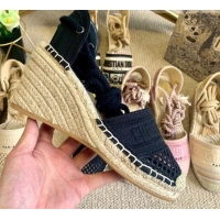 Good Taste Dior Granville Wedge Espadrilles in Black Mesh Embroidery 070909