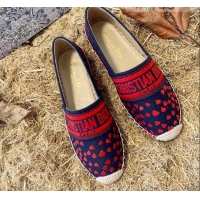 Good Quality Dior Granville Flat Espadrilles in Navy Blue and Red Hearts I Love Paris Embroidered Cotton 070917