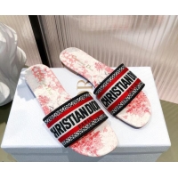 Top Quality Dior Dway Flat Slide Sandals in D-Royaume d'Amour Embroidered Cotton White/Red 081443