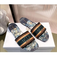 Best Price Dior Dway Flat Slide Sandals in Zodiac Embroidered Cotton Multicolor/Blue 081445