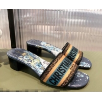 Luxurious Dior Dway Heeled Slide Sandals in Zodiac Embroidered Cotton Multicolor/Blue 081446