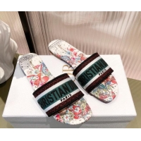 Top Design Dior Dway Flat Slide Sandals in Zodiac Embroidered Cotton Multicolor/Pink 081449