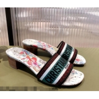 Cheap Price Dior Dway Heeled Slide Sandals in Zodiac Embroidered Cotton Multicolor/Pink 081450