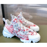 Pretty Style Dior D-Connect Dioramour Sneakers in D-Royaume d'Amour Printed Technical Fabric White/Red 081618