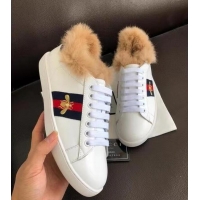 Top Quality Gucci Ace Leather Low-Top Sneakers With Fur G429446 White