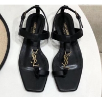 Perfect Saint Laurent YSL Calfskin Flat Thong Sandals 070654 Black 2021