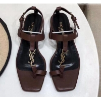 New Style Saint Laurent YSL Calfskin Flat Thong Sandals 070654 Brown 2021