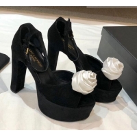 Best Quality Saint Laurent Suede Platform Sandals with Bloom Charm 13.5cm 070941 Black/White