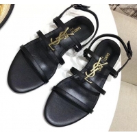 Good Product Saint Laurent YSL Calfskin Flat Sandals 070986 Black 2021