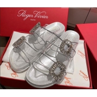 Top Quality Roger Vivier Double Buckle Transparent Flat Slide Sandals 071357 White