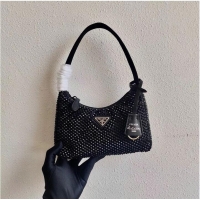 Famous Brand Prada Satin mini-bag with artificial crystals 1BE515 black