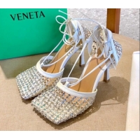 Best Product Bottega Veneta Sparkle Stretch Crystal Mesh Sandals 9cm 081219 White