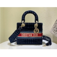 High Quality Dior Medium Lady D-Lite Bag in Blue Crocodile-Effect Embroidered Velvet CD1962 2021