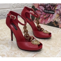 New Design Dolce&Gabbana DG Calfskin Chain Sandals 10.5cm 081201 Red