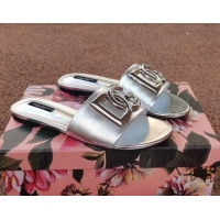 Most Popular Dolce & Gabbana DG Metallic Leather Flat Slide Sandals 092233 Silver 2021