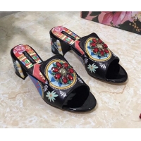 Best Price Dolce & Gabbana DG Print Leather Crystal Slide Sandals 6.5cm 930106 Black