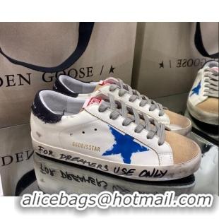 Unique Grade Golden Goose Super-Star Sneakers in White Leather with Black Heel Tab and Blue Star 027064