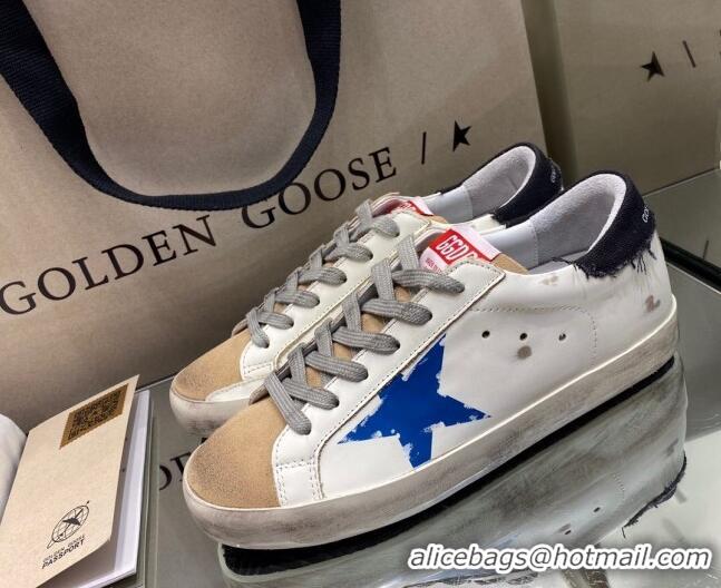 Unique Grade Golden Goose Super-Star Sneakers in White Leather with Black Heel Tab and Blue Star 027064