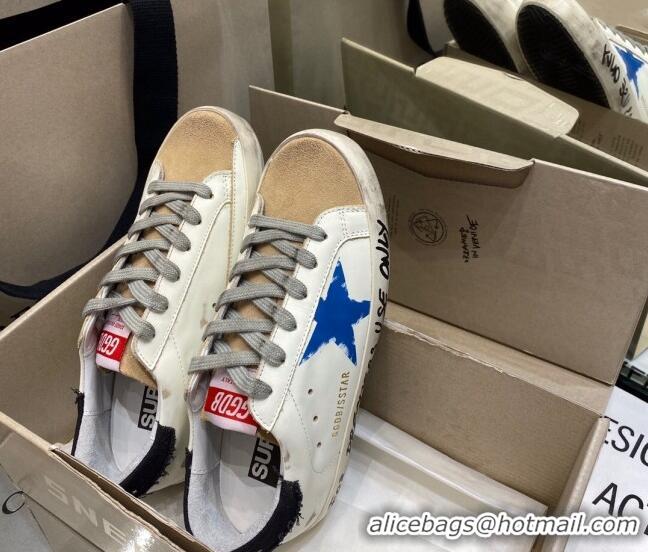 Unique Grade Golden Goose Super-Star Sneakers in White Leather with Black Heel Tab and Blue Star 027064