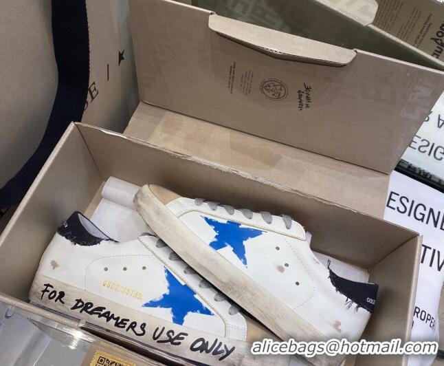 Unique Grade Golden Goose Super-Star Sneakers in White Leather with Black Heel Tab and Blue Star 027064