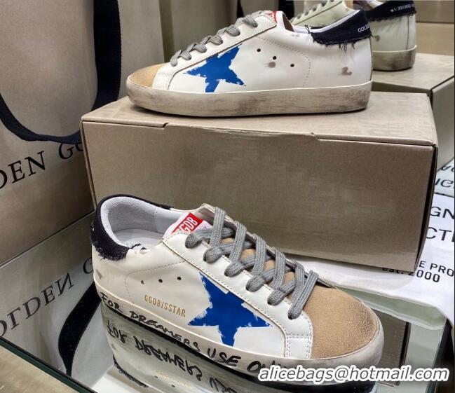 Unique Grade Golden Goose Super-Star Sneakers in White Leather with Black Heel Tab and Blue Star 027064