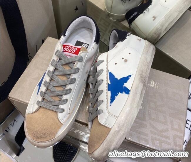 Unique Grade Golden Goose Super-Star Sneakers in White Leather with Black Heel Tab and Blue Star 027064