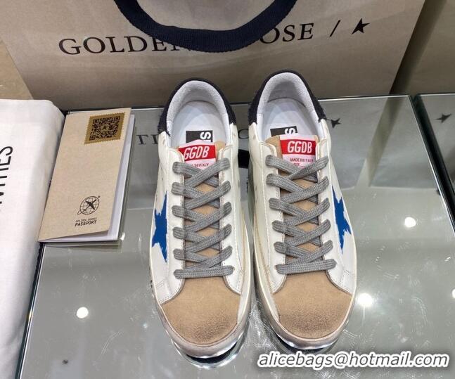 Unique Grade Golden Goose Super-Star Sneakers in White Leather with Black Heel Tab and Blue Star 027064