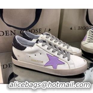 Cheap Golden Goose Super-Star Sneakers inWhite Leather with Lavender Star 027069