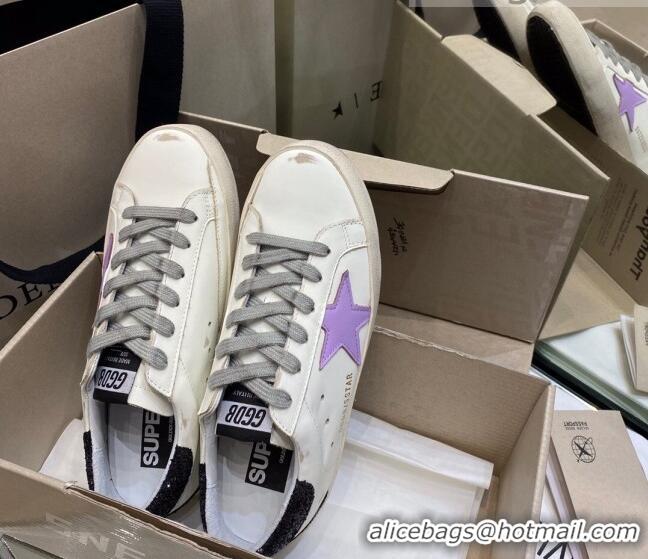 Cheap Golden Goose Super-Star Sneakers inWhite Leather with Lavender Star 027069