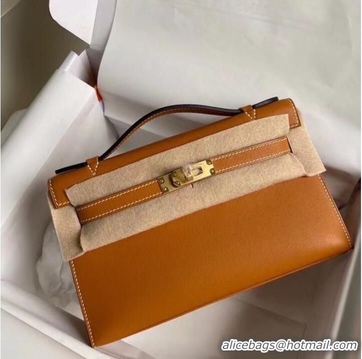 Cheapest Hermes Original swift Leather KEL2278 brown&gold-Tone Metal