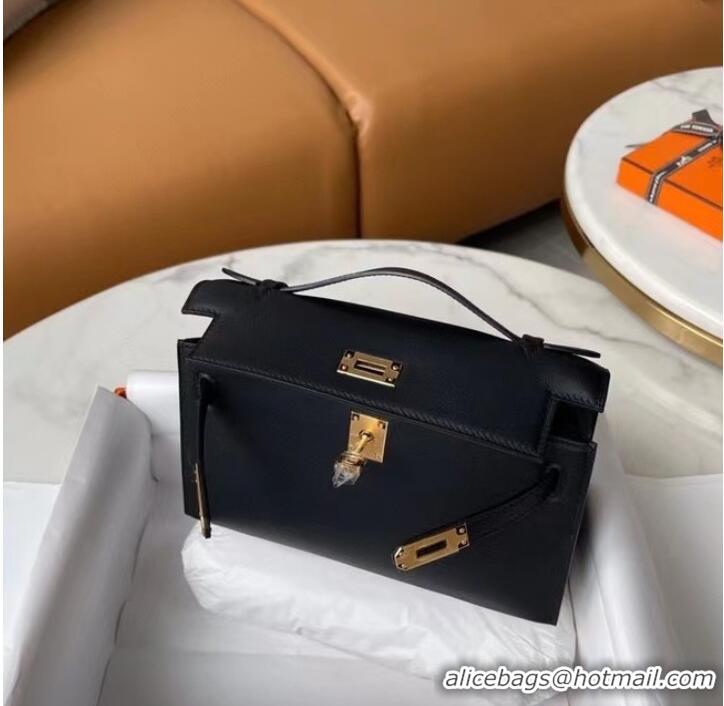 Market Sells Hermes Original swift Leather KEL2278 black&gold-Tone Metal