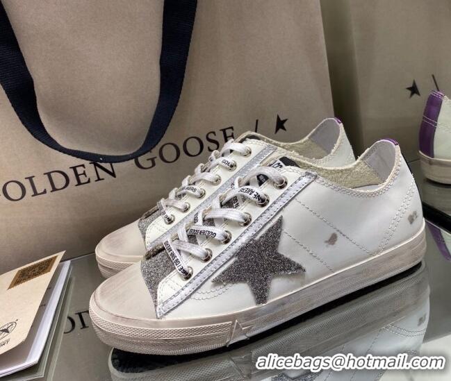 Cheap Price Golden Goose V-Star LTD Sneakers in White Leather and Silver Glitter 1029051