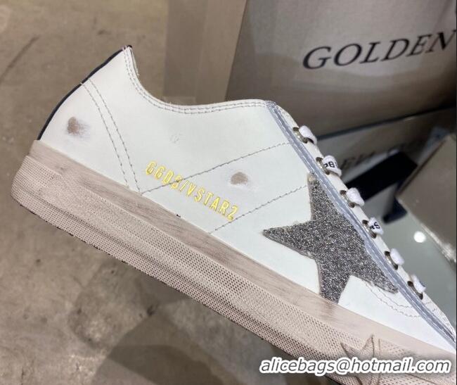 Cheap Price Golden Goose V-Star LTD Sneakers in White Leather and Silver Glitter 1029051