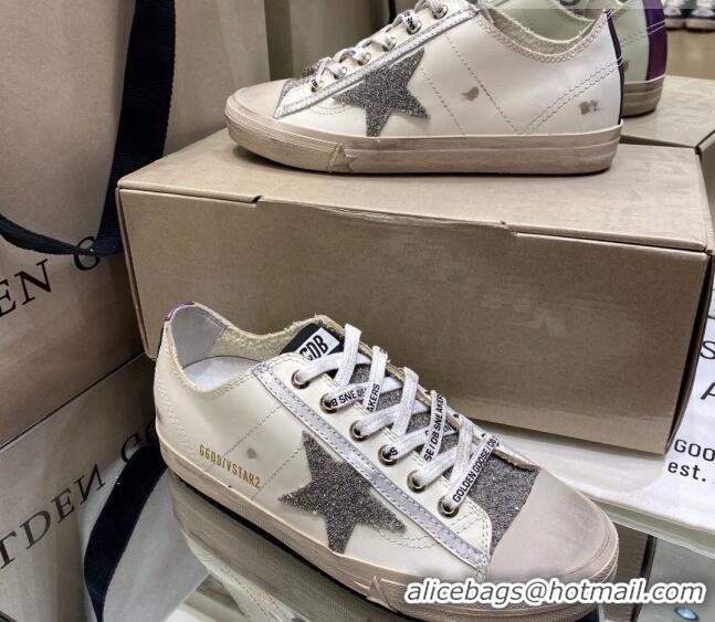 Cheap Price Golden Goose V-Star LTD Sneakers in White Leather and Silver Glitter 1029051