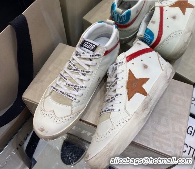 Discount Golden Goose Mid-Star Sneakers in White Leather with Brown Star 1029056