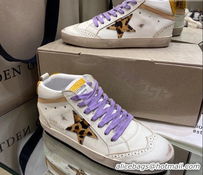 Cheap Price Golden Goose Mid-Star Sneakers in White Leather with Leopard-print Star 1029059