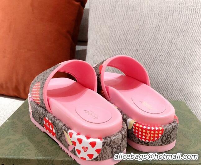 Perfect Gucci Heart Apple GG Platform Slide Sandals 081453 Pink