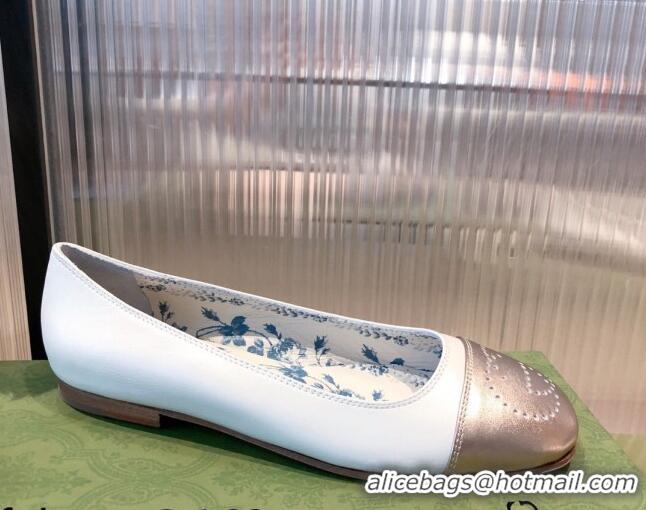 Grade Gucci Leather Ballet Flat with Interlocking G 081635 White 2021