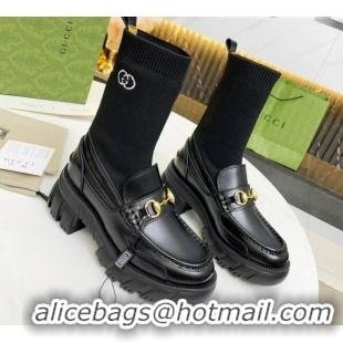 Good Quality Gucci Calfskin Knit Ankle Boots with Horsebit 092501 Black 2021