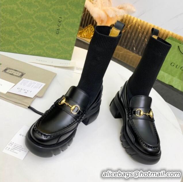 Good Quality Gucci Calfskin Knit Ankle Boots with Horsebit 092501 Black 2021