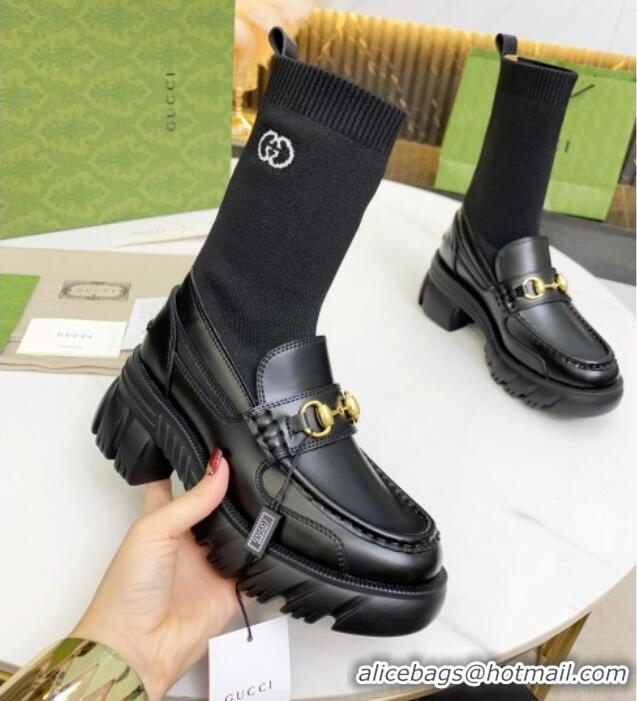 Good Quality Gucci Calfskin Knit Ankle Boots with Horsebit 092501 Black 2021