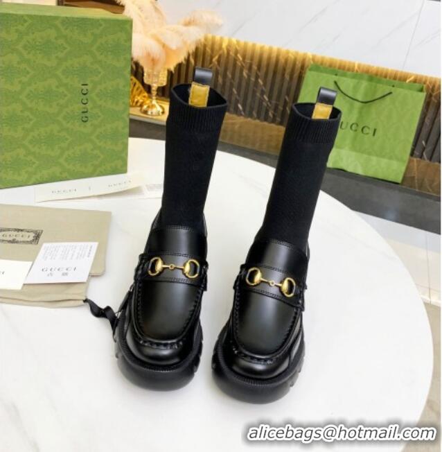 Good Quality Gucci Calfskin Knit Ankle Boots with Horsebit 092501 Black 2021