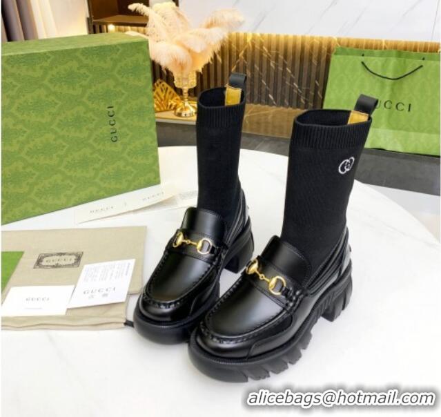 Good Quality Gucci Calfskin Knit Ankle Boots with Horsebit 092501 Black 2021