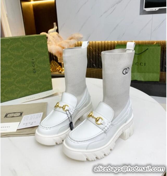 Perfect Gucci Calfskin Knit Ankle Boots with Horsebit 092501 White 2021