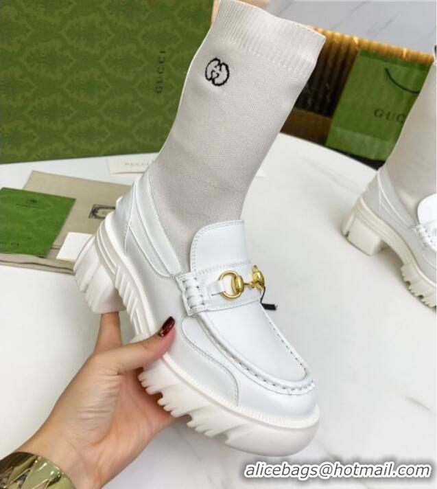 Perfect Gucci Calfskin Knit Ankle Boots with Horsebit 092501 White 2021