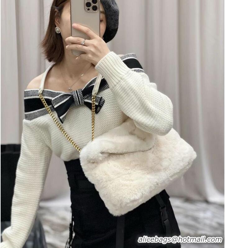 Discount Yves Saint Laurent PUFFER BAG IN MERINO SHEARLING AND LAMBSKIN Y597476 white