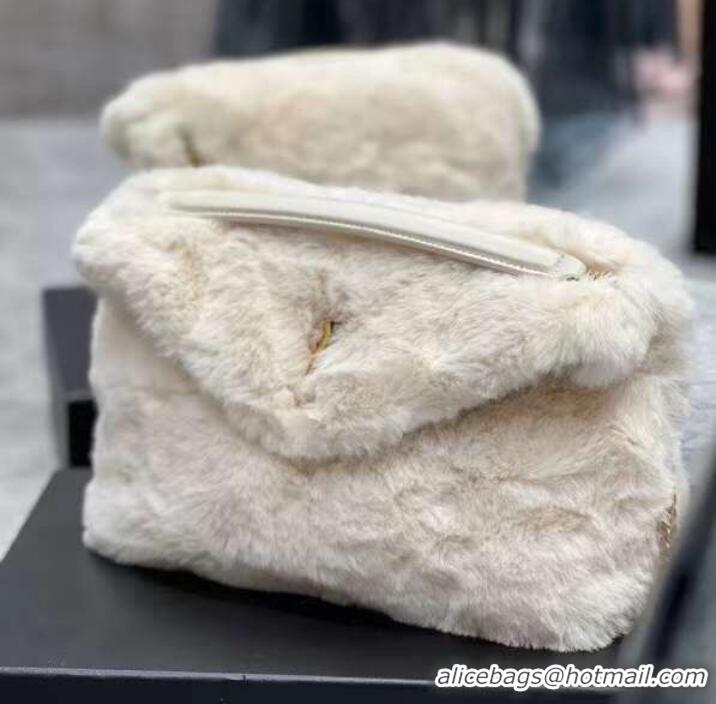 Discount Yves Saint Laurent PUFFER BAG IN MERINO SHEARLING AND LAMBSKIN Y597476 white