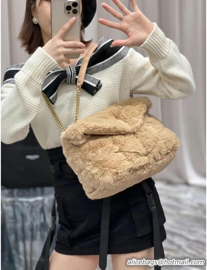 Famous Brand Yves Saint Laurent PUFFER BAG IN MERINO SHEARLING AND LAMBSKIN Y597476 NATURAL BEIGE